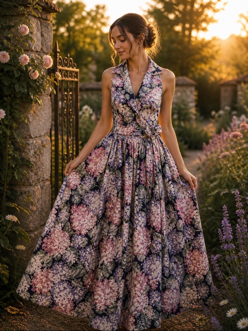 90s Floral Maxi Dress Cottagecore Dark Floral Garden Party Tea Dress Size 11/12